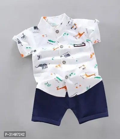 Fabulous White Cotton Blend Printed Shirts with Shorts For Boys-thumb0