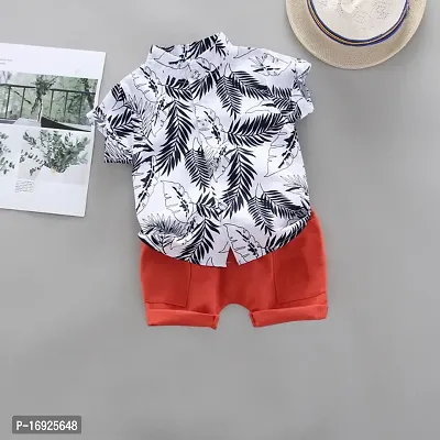 Half Sleeves Leaves Print Shirt  Shorts Set - White  Orange
