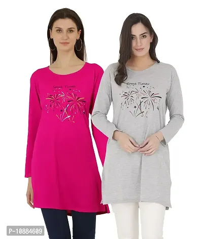 RRAVAYKI Women's Printed Long T-Shirt (Rani+Light Grey)-thumb0