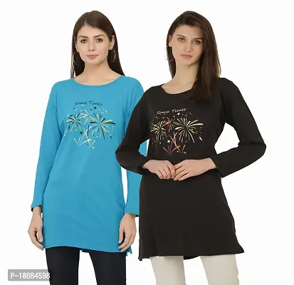 RRAVAYKI Women's Printed Long T-Shirt (Dark Firozi+Black)