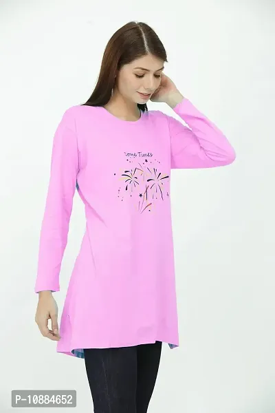 RRAVAYKI Women's Printed Long T-Shirt (Baby Pink+Dark Grey)-thumb2