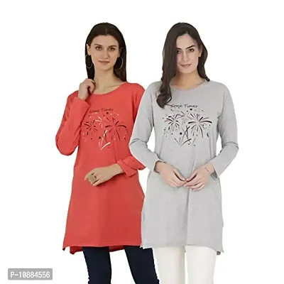 RRAVAYKI Women's Printed Long T-Shirt (Orange+Light Grey)-thumb0