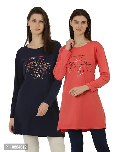 RRAVAYKI Women's Printed Long T-Shirt (Navy Blue+Orange)