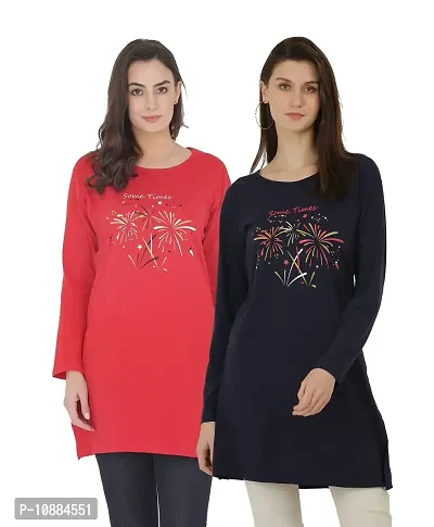 RRAVAYKI Women's Printed Long T-Shirt (Red+Navy Blue)-thumb0