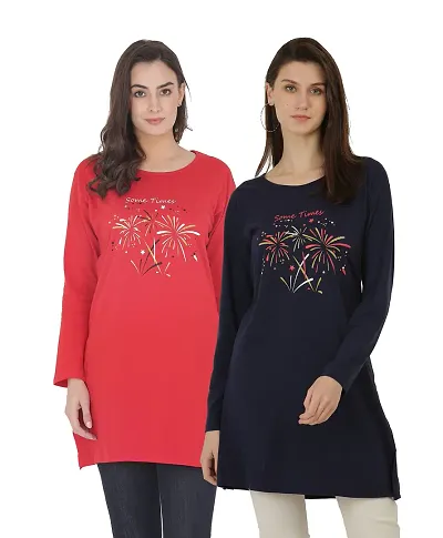 RRAVAYKI Women's Long T-Shirt (Red+Navy Blue)