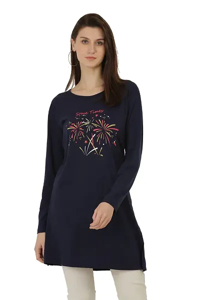 RRAVAYKI Women's Long T-Shirt (Sometimes,Navy Blue)