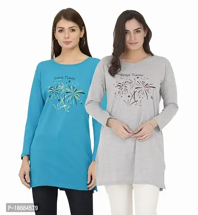 RRAVAYKI Women's Printed Long T-Shirt (Dark Firozi+Light Grey)