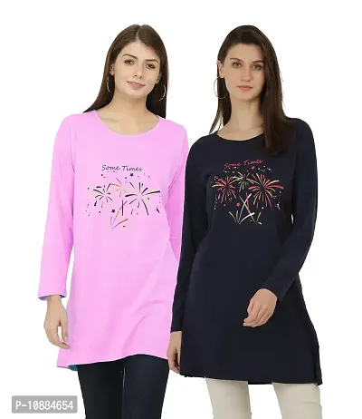 RRAVAYKI Women's Printed Long T-Shirt (Baby Pink+Navy Blue)