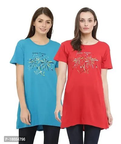 RRAVAYKI Women's Half Sleeve Long T-Shirt (Dark Firozi+Red)