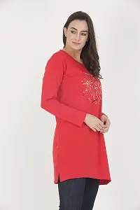 RRAVAYKI Women's Printed Long T-Shirt (Red+Light Firozi)-thumb1