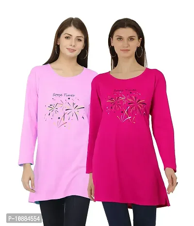 RRAVAYKI Women's Printed Long T-Shirt (Baby Pink+Rani)-thumb0