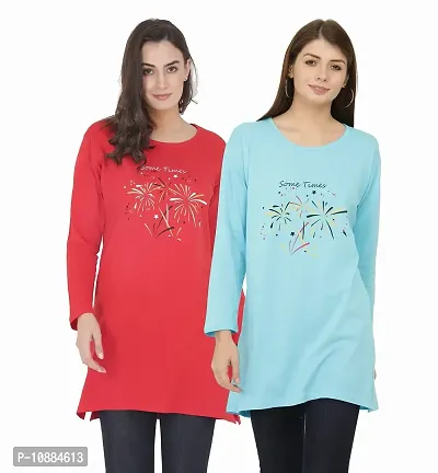 RRAVAYKI Women's Printed Long T-Shirt (Red+Light Firozi)-thumb0