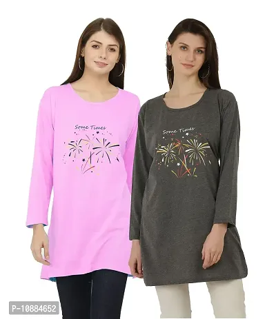 RRAVAYKI Women's Printed Long T-Shirt (Baby Pink+Dark Grey)