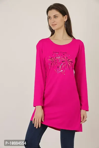 RRAVAYKI Women's Printed Long T-Shirt (Baby Pink+Rani)-thumb3