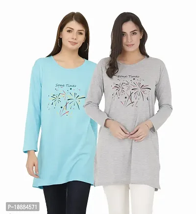 RRAVAYKI Women's Printed Long T-Shirt (Light Firozi+Light Grey)