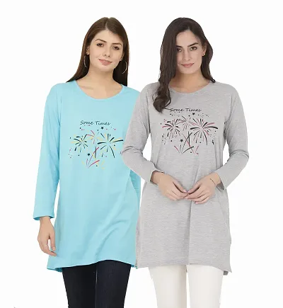 RRAVAYKI Women's Long T-Shirt (Light Firozi+Light Grey)