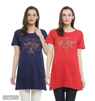 RRAVAYKI Women's Half Sleeve Long T-Shirt (Navy Blue+ Red)