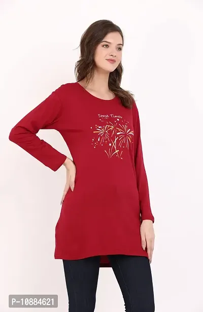 RRAVAYKI Women's Printed Long T-Shirt (Maroon+Light Firozi)-thumb2