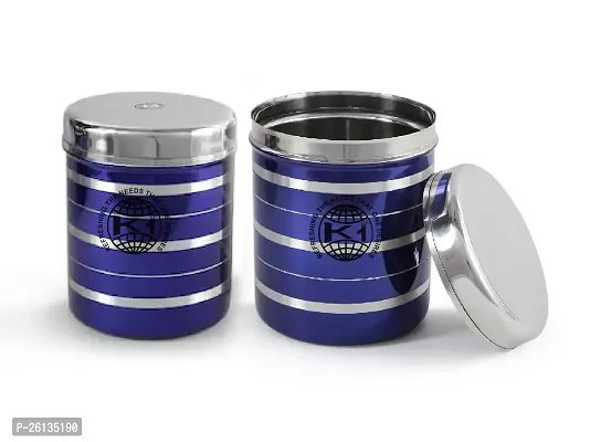 King International Stainless Steel Blue  Silver line Storage Container Set of 2, container for kitchen storage, oil,Tea,Coffee, ghee, Butter, containers with lid, kitchen storage set airtight-thumb0