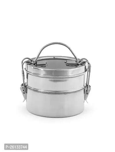 King International Stainless Steel Lunch Box, Silver, 12CM, 2 Tier, Tiffin Box For Kids, Compartment With Locking Clip, Steel Lunch Box For Office Men  Women, Leak Proof Tiffin Box, Meal Holder For Girls/Boys-thumb2