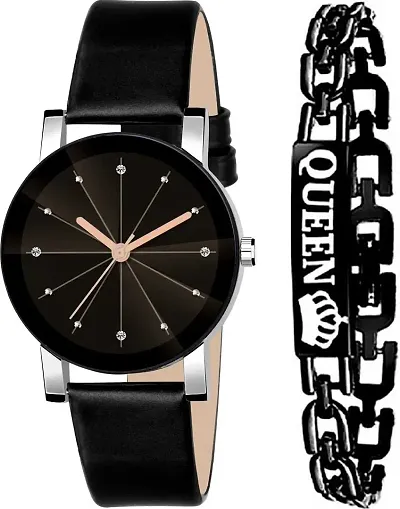 New Diamond Cut Glass Leather belt Bracelet Combo watch For Women