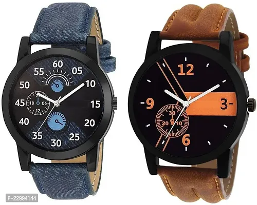 Stylish Multicoloured Genuine Leather Analog Watch For Men Pack Of 2