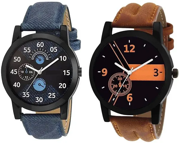 Stylish Genuine Leather Analog Watch For Men Pack Of 2