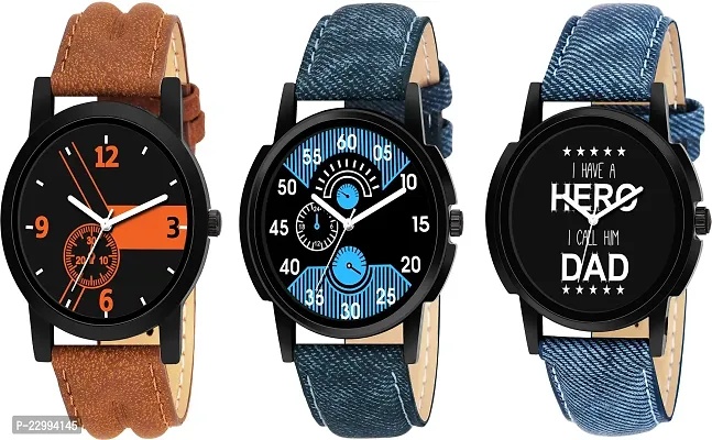 Stylish Multicoloured Genuine Leather Analog Watch For Men Pack Of 3-thumb0