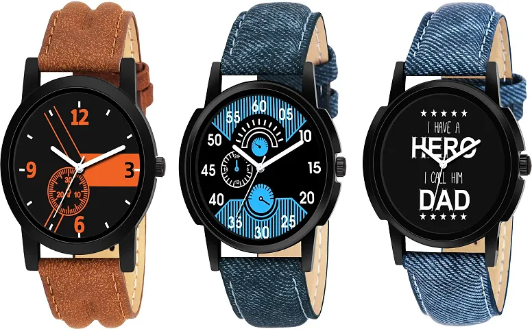 Stylish Genuine Leather Analog Watch For Men Pack Of 3