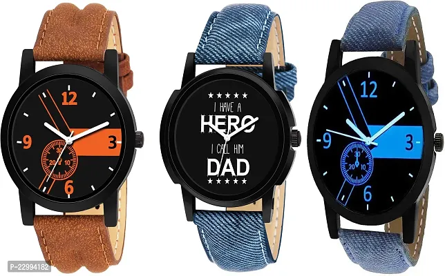 Stylish Multicoloured Genuine Leather Analog Watch For Men Pack Of 3-thumb0