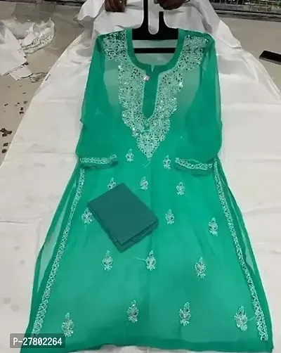 New fancy Sea Green georgette chikanakri kurti with cotton inner and mirror work-thumb0