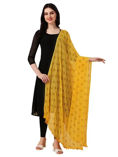 Nimidiya Beautiful Chiffon Flower Hand Print dupatta with Pum Pum Less for Women and Girls (YELLOW)