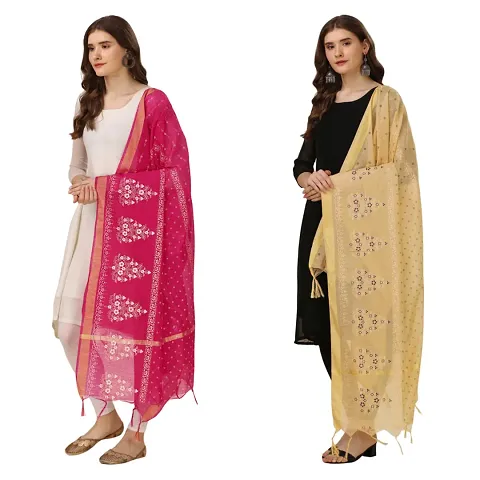 Vrutalay NX Women's Digital Chanderi silk Bridal Ethnic Chunni Dupatta Pack OF 2 (V_V_3787776_Pink-BEIGE)