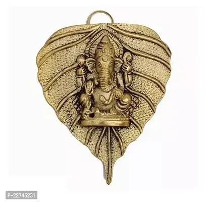 Classic Art Lord Ganesha On Leaf Wall Hanging With Antique Finish and Magnetfor Home Decor ,Golden, 5 X 4