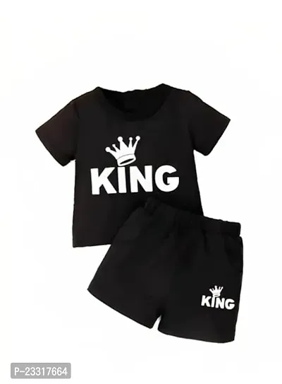 Pretty Black Cotton Printed Round Neck Short Sleeve T-Shirt With Shorts For Kids-thumb0