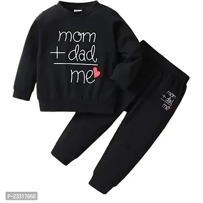 Pretty Black Cotton Printed Round Neck Long Sleeve T-Shirt With Trouser For Kids