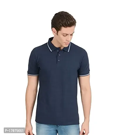 Reliable Navy Blue Cotton Solid Polos For Men-thumb0