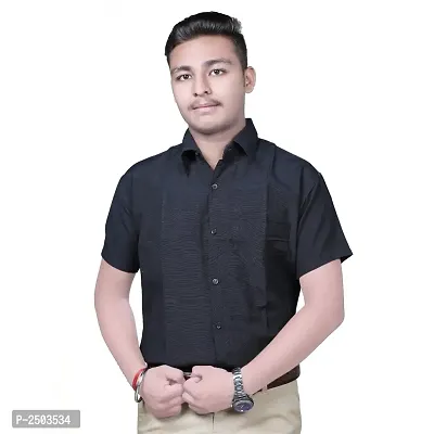 Black Cotton Solid Short Sleeve Formal Shirt