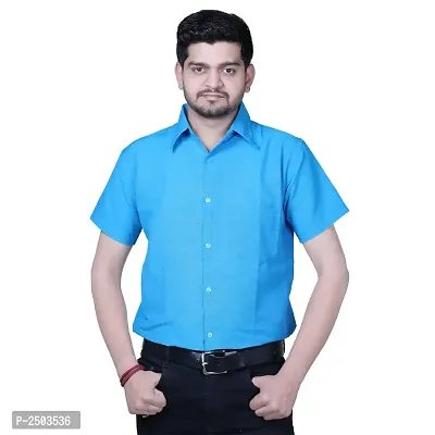 Blue Cotton Solid Short Sleeve Formal Shirt-thumb0