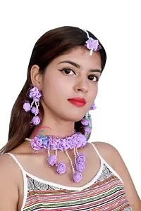 SJH SHIVI JEWELS AND HANDICRAFTS Handmade Purple Rose with Pearl String Fabric Floral Jewellery Set for Women for Haldi-thumb1