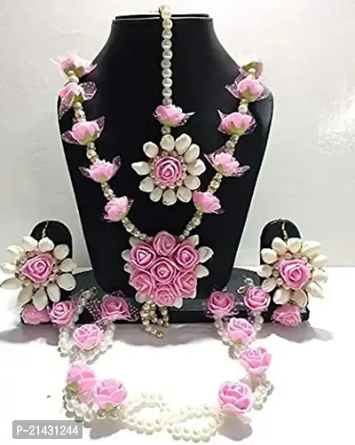 Shivi Jewels Non-Precious Metal Traditional Pink Flower Floral Jewellery with 1 Necklace, 2 Earrings, 1 Maang Tika, 2 Bracelets Pair for Women