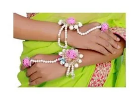 SJH SHIVI JEWELS AND HANDICRAFTS Floret Pearl Pink Mogra Floral Gotta Patti Flower Jewellery Set with Maang Tika, Earrings and Bracelet's for Women  Girls (Mehandi/Haldi-thumb2