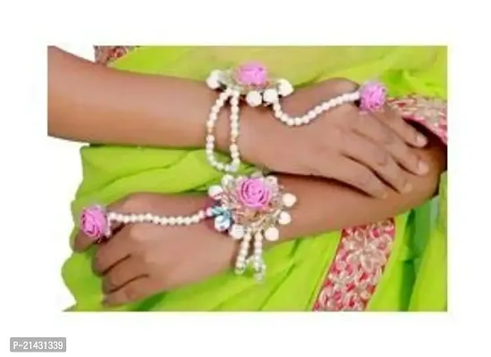 SJH SHIVI JEWELS AND HANDICRAFTS Floret Pearl Pink Mogra Floral Gotta Patti Flower Jewellery Set with Maang Tika, Earrings and Bracelet's for Women  Girls (Mehandi/Haldi-thumb3