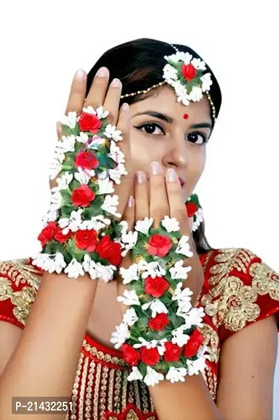 SJH Shivi Jewels And Handicrafts Jewels Red Green Flower Bridal Gotta Patti Jewellery Haldi Baby Shower Mehndi Godbharai 6 Pc Set for Women and Girls (Mehandi/Haldi/Bridal)-thumb3