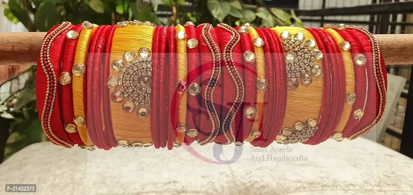 SJH Shivi Jewels And Handicrafts Red  Yellow Color Designer Zircon Beads With Silk Thread Bangles 26 Pc Set Wedding  Festive Occasions SJ-63 Size-2.6-thumb2