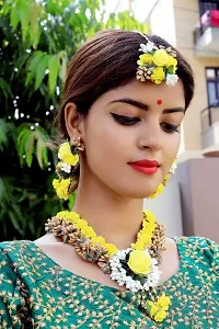 Shivi Jewels Yellow Flower Mogra Floral Gota Patti Non-Precious Metal Jewellery Set with Maang Tika, Earrings and Bracelets for Women for Mehandi, Haldi and Bridal-thumb2