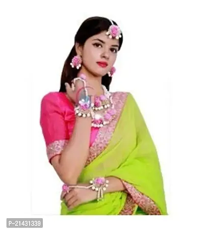 SJH SHIVI JEWELS AND HANDICRAFTS Floret Pearl Pink Mogra Floral Gotta Patti Flower Jewellery Set with Maang Tika, Earrings and Bracelet's for Women  Girls (Mehandi/Haldi-thumb0