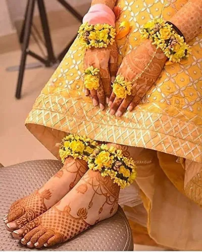 SJH SHIVI JEWELS AND HANDICRAFTS Flower Floral Set For Haldi Baby Shower Godbharai Hand and Leg Fabric Jewelry Set for Women Girls with 4 Color Items