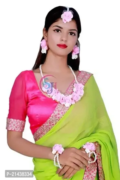 Shivi Jewels Pink Color Beads Studed Gotta Patti Floret Jewellery Set with Maang Tika, Earrings and Bracelets for Women and Girls (Mehandi/Haldi/Wedding)