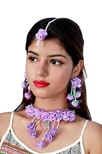 SJH SHIVI JEWELS AND HANDICRAFTS Handmade Purple Rose with Pearl String Fabric Floral Jewellery Set for Women for Haldi-thumb3